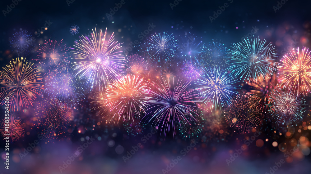 Fototapeta premium 華やかな花火とキラキラ輝く背景素材