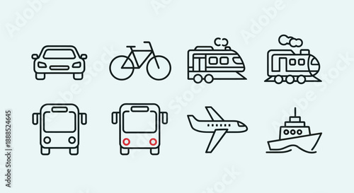 Transportation icons car bicycle train bus airplane and boat symbols