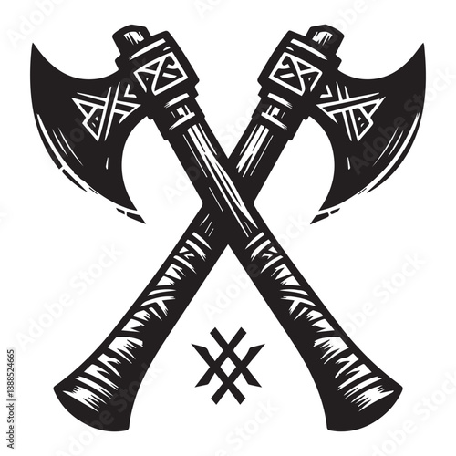 Crossed black battle axes with handles and sharp blades vector icon