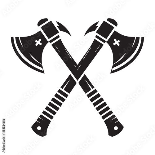 Crossed black battle axes with handles and sharp blades vector icon
