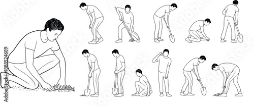 Gardening activity illustration set, planting process vector, outdoor maintenance steps, horticulture graphic, educational clipart, soil care icons