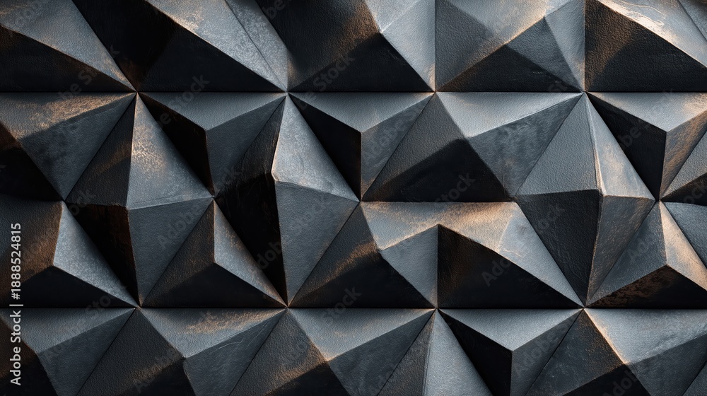 Fototapeta premium Geometric Brilliance: An architectural display showcasing a rhythmic arrangement of multi-faceted, dark angular forms, creating captivating patterns and shadows.