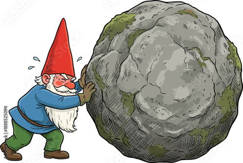 Gnome pushing boulder cartoon, fantasy effort illustration, moss rock vector, whimsical character graphic, determination theme clipart