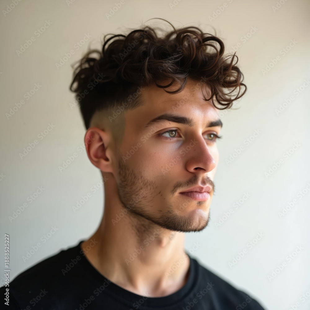Obraz premium Young man with curly fade haircut and beard looks aside. Male model poses in black t-shirt. Fashionable guy with neat hairstyle. Confident person in studio. Attractive male model.