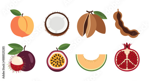 Variety of fresh fruits peach coconut sapote tamarind and more on white