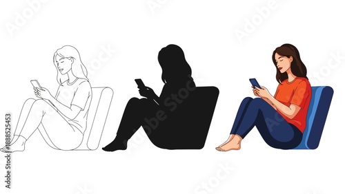 Vector graphic set illustrating a young woman engrossed in her mobile phone showing line art silhouette and full color versions for versatile design application