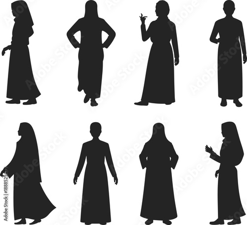 Traditional robe silhouette set, cultural attire vector, black figure icons, diverse posture illustration, modest fashion clipart, ethnic design