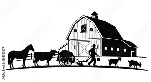 A rural scene depicts a classic barn farm animals and a farmer with tools all presented as a silhouette high quality