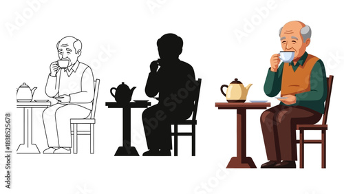 Collection of vector illustrations showcasing an elderly gentleman enjoying a moment of quiet relaxation while drinking tea from a small cup beside a teapot on a small table