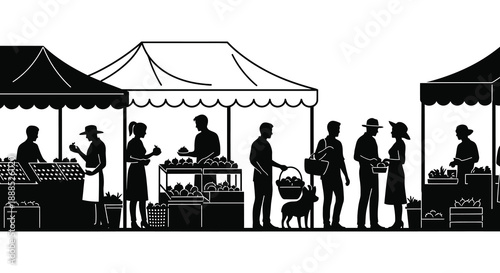 A bustling farmers market scene is depicted with figures and stalls all rendered in a striking silhouette high quality professional detailed