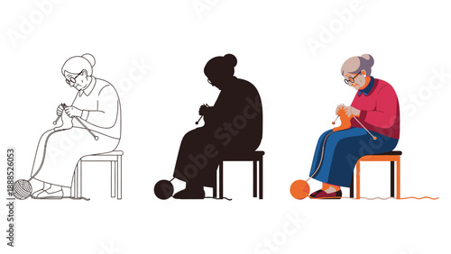 Elderly woman knitting a warm garment while sitting on a stool shown in three distinct styles line art silhouette and full color illustration