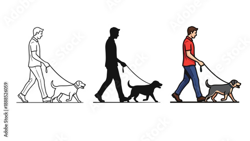 Collection of vector icons showing a man walking his happy dog on a leash in three distinct artistic styles for pet care design concepts