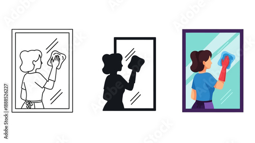 Collection of three distinct artistic styles illustrating a woman diligently cleaning and polishing a framed mirror surface with a cloth.