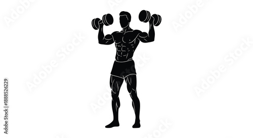 A muscular man performs a dumbbell shoulder press exercise showcasing strength and fitness in a stark silhouette high quality professional detailed