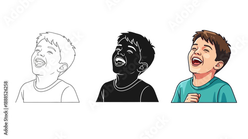 Collection of three distinct artistic styles illustrating a joyful young boy throwing his head back while laughing heartily in genuine amusement