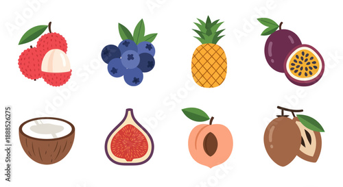 Various tropical fruits lychee blueberry pineapple passion fruit coconut fig peach cherimoya