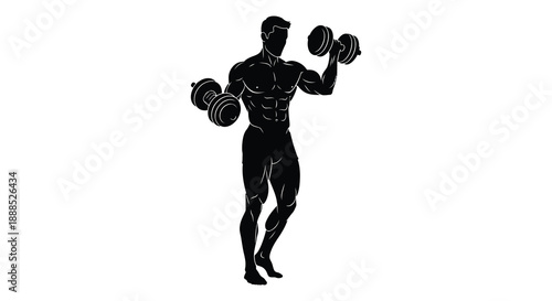 A muscular man lifting dumbbells is depicted in a striking black silhouette showcasing strength and fitness high quality professional detailed modern
