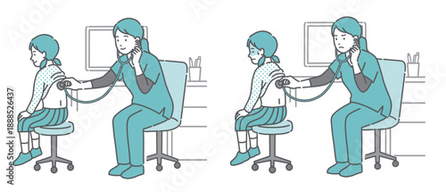 スクラブを着用した女性医療従事者による女の子の背中の聴診イラストセット（正常・異常/体調不良）