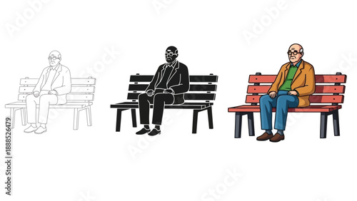 Set of three distinct vector illustrations showing an elderly man with glasses sitting alone upon a park bench in different graphic styles for design variety