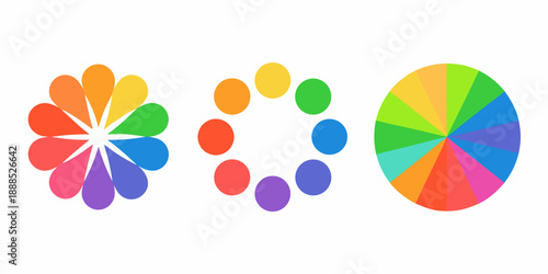 Colorful circular designs a flower partial circle and full spectrum wheel