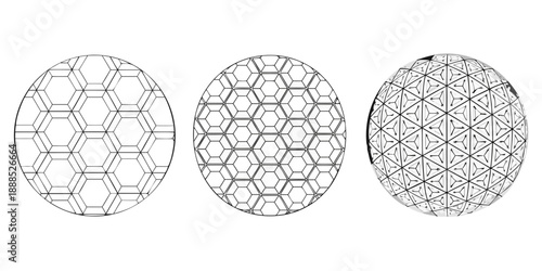 Three oval shapes displaying progressively complex geometric patterns