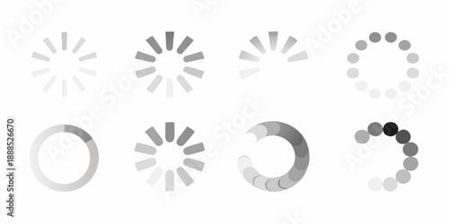 A series of grayscale loading spinners depicting progress stages