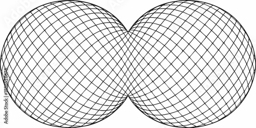 Two interconnected spherical shapes formed by a grid of lines