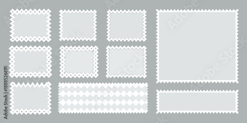 Collection of various white zig zag edged rectangular and square frames