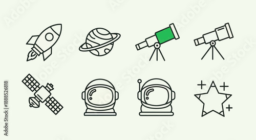 Space exploration icons rocket planet telescope satellite astronaut star