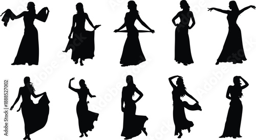 Collection of Graceful Female Belly Dancer Silhouettes Performing Traditional Dance Movements and Poses Isolated on White Background for Cultural Art