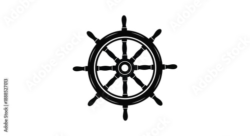 A striking black silhouette of a classic ship s wheel against a white background evoking nautical themes and journeys silhouette high quality