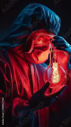 Scientist in protective gear holding light bulb.