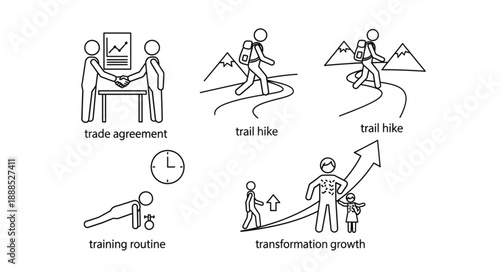Business meeting hiking training and growth icons.