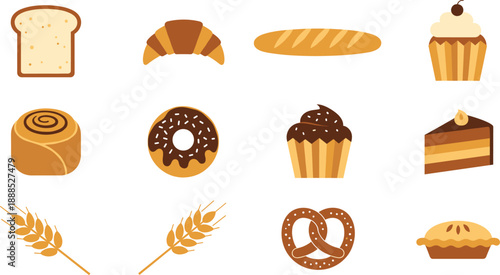 Set of Bakery and Pastry Icons, Flat Vector Bread Croissant Donut Cupcake and Wheat Ears for Bake Shop and Cafe Branding Design
