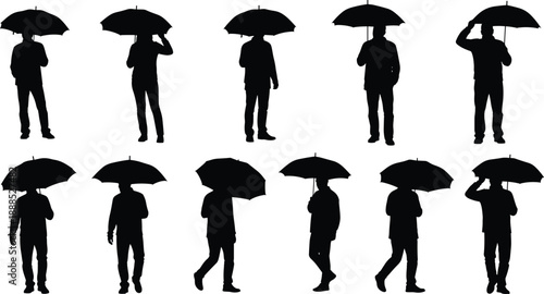 Large Set of Male Figures Holding Umbrellas in Various Poses and Walking Positions Silhouette Isolated on White Background for Rainy Day Designs