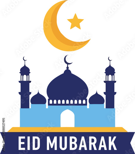 Festive eid mubarak greeting with a beautiful mosque, crescent moon, and star illustration