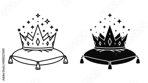 Crown on cushion with stars and tassels illustration