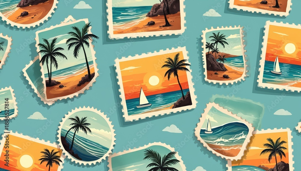 Naklejka premium Vintage summer postcard stamp pattern shows tropical beach scenes with palm trees and sailboats. Retro postage stickers depict ocean views and sunsets on a blue background.