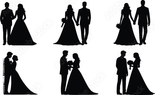 Set of elegant wedding couple silhouettes including bride and groom in various romantic poses, walking, holding hands and standing together isolated