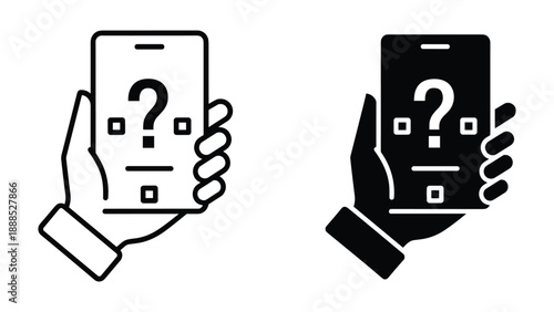 Hand holding mobile phone with question mark on screen