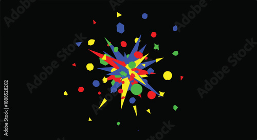 Colorful abstract explosion of geometric shapes bursting outwards on a dark background, representing celebration, chaos, or creative energy in a modern graphic design.