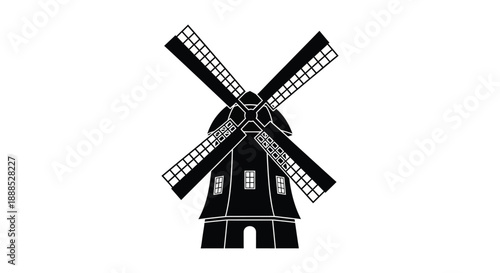 A striking black silhouette of a traditional windmill with detailed blades against a plain white background silhouette high quality professional modern