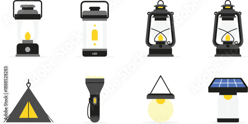 Set of Camping Lantern and Flashlight Icons, Flat Vector Outdoor Lighting Equipment and Solar Lamps for Camping Trip Design