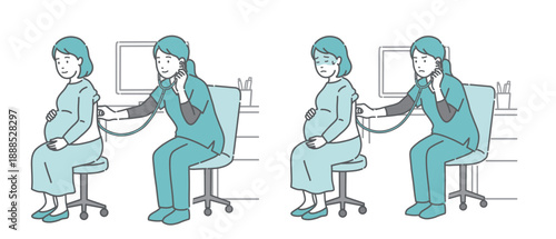 スクラブを着用した女性医療従事者による妊婦の背中の聴診イラストセット（正常・異常/体調不良）