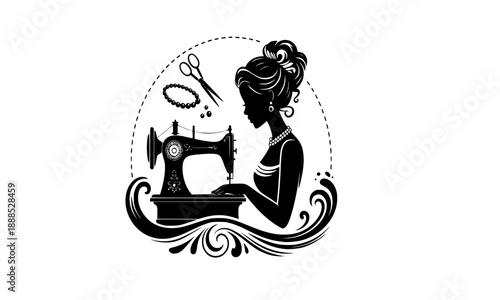 Vintage Seamstress Silhouette with Sewing Machine, Woman Tailor Fashion Designer Vector Art, Floral Ornamental Crafting Concept, Dressmaker Atelier Illustration, Isolated on White