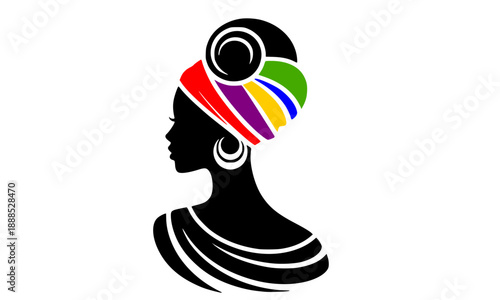 Beautiful African Woman Profile Silhouette with Colorful Headwrap, Elegant Female Portrait in Vibrant Turban and Hoop Earrings, Graceful Ethnic Beauty and Fashion Concept, Isolated on White Background