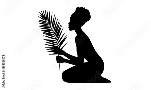 Silhouette of an African Woman Kneeling and Holding a Palm Leaf, Tropical Summer Concept Art, Minimalist Female Figure Profile, Graceful Spiritual or Nature Design, Isolated on White Background