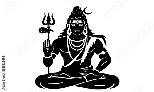 Lord Shiva Sitting in Meditation Silhouette, Hindu God Mahadev with Trishul and Crescent Moon, Spiritual Yoga and Zen Concept, Religious Indian Deity Vector Art, Maha Shivratri Festival Design