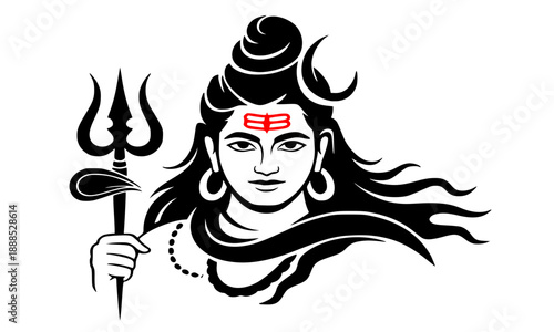 Lord Shiva Illustration, Hindu God Mahadev with Trishul, Crescent Moon and Damru Vector Art, Spiritual Yoga and Meditation Concept, Religious Indian Deity Graphics for Festival and Pooja