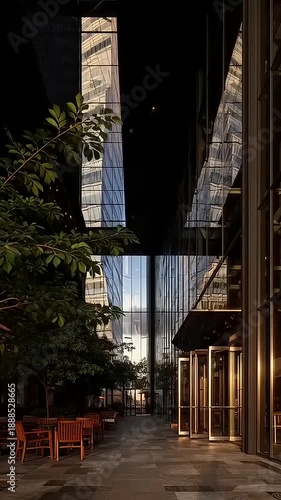 Modern Cityscape with Glass Skyscrapers at Night.